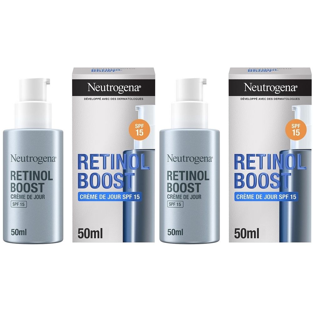 Trois flacons et emballages de Neutrogena Retinol Boost Crème de Jour SPF 15. Flacons gris avec pompe blanche. Emballage avec nom du produit.