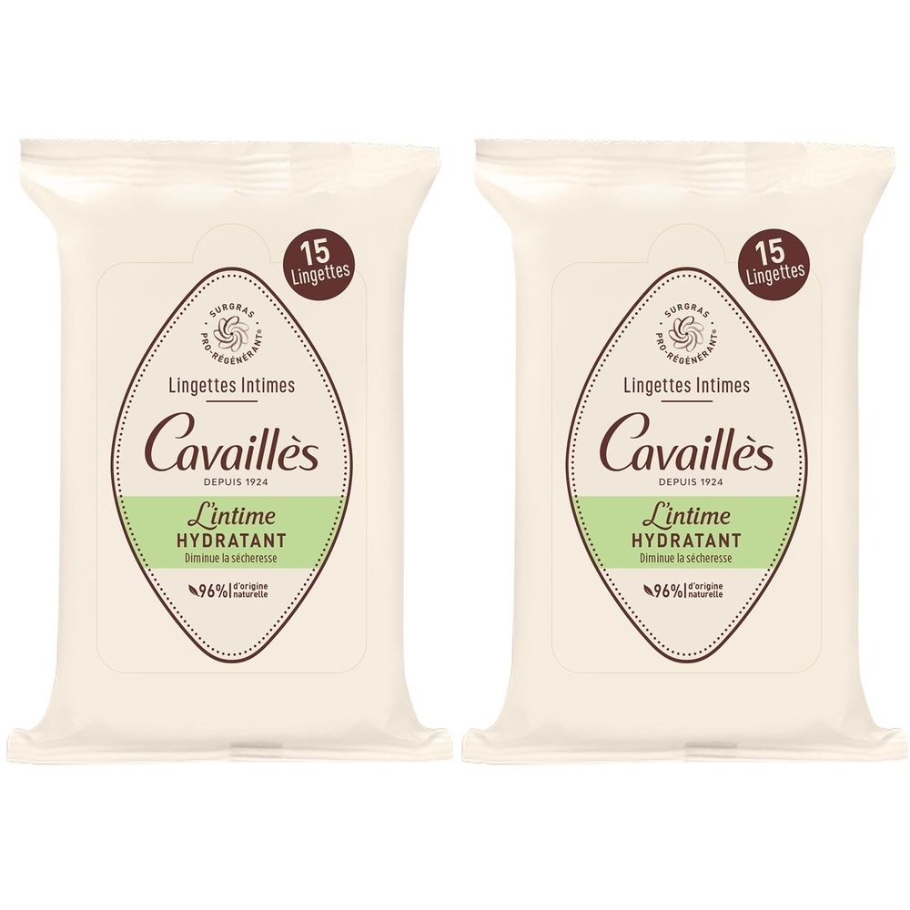 Deux paquets de lingettes. Inscription: Cavaillès, L'intime Hydratant, 15 Lingettes. Emballage blanc.