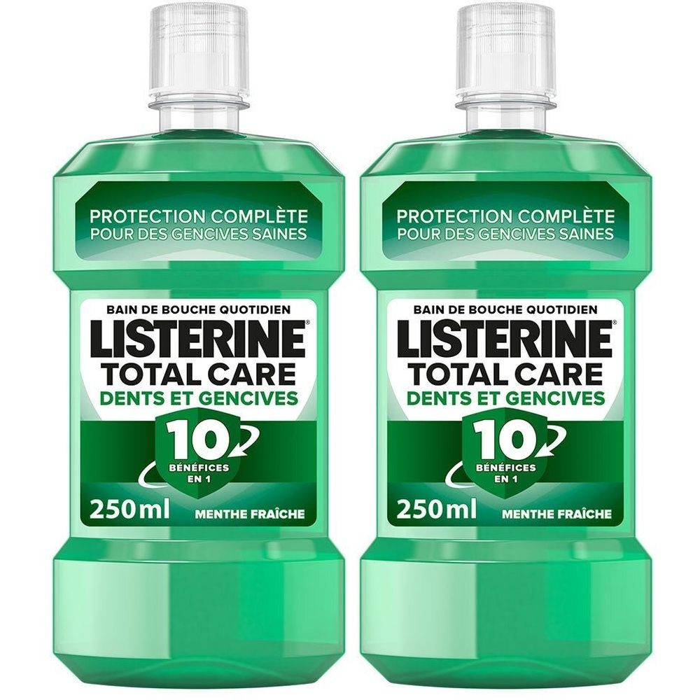 Deux flacons de bain de bouche vert. Inscription: LISTERINE TOTAL CARE, 10 bénéfices en 1, 250ml, Menthe fraîche.