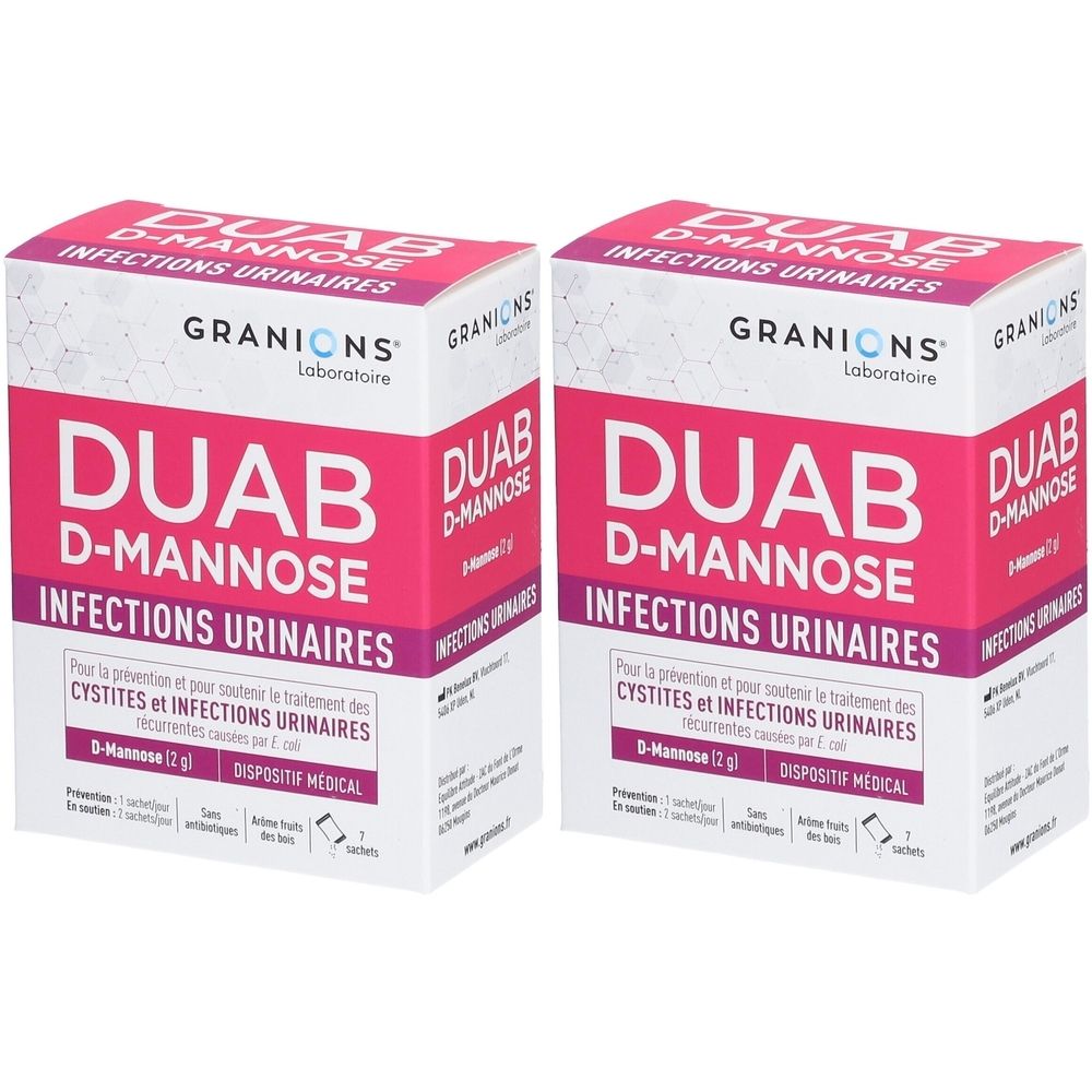 Deux boîtes de DUAB D-Mannose. Inscriptions : GRANIONS, Infections urinaires. Dispositif médical.