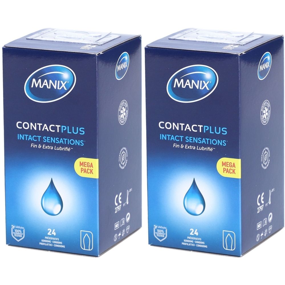 Deux boîtes bleues MANIX CONTACTPLUS INTACT SENSATIONS. Un visuel de goutte d'eau et l'indication "24" sont présents sur le devant.
