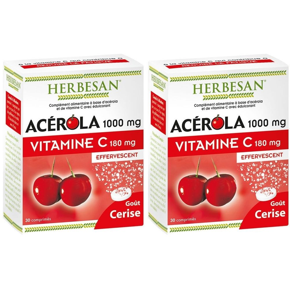 Deux boîtes de HERBESAN ACÉROLA 1000 mg. Inscription : Vitamine C 180 mg, effervescent. Goût cerise. 30 comprimés.