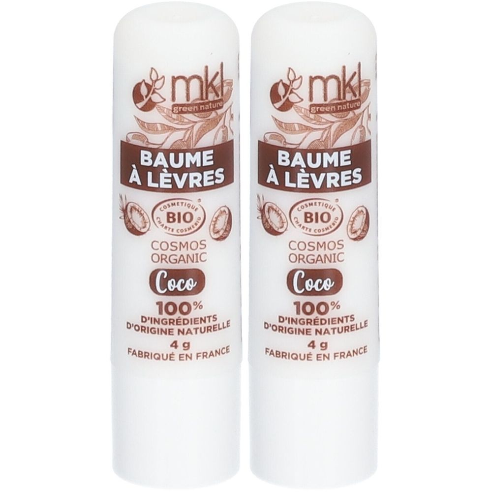 Deux baumes à lèvres blancs. Inscription: Baume à Lèvres, Coco, Bio, 100% ingrédients naturels, 4g. Marque: mkl.