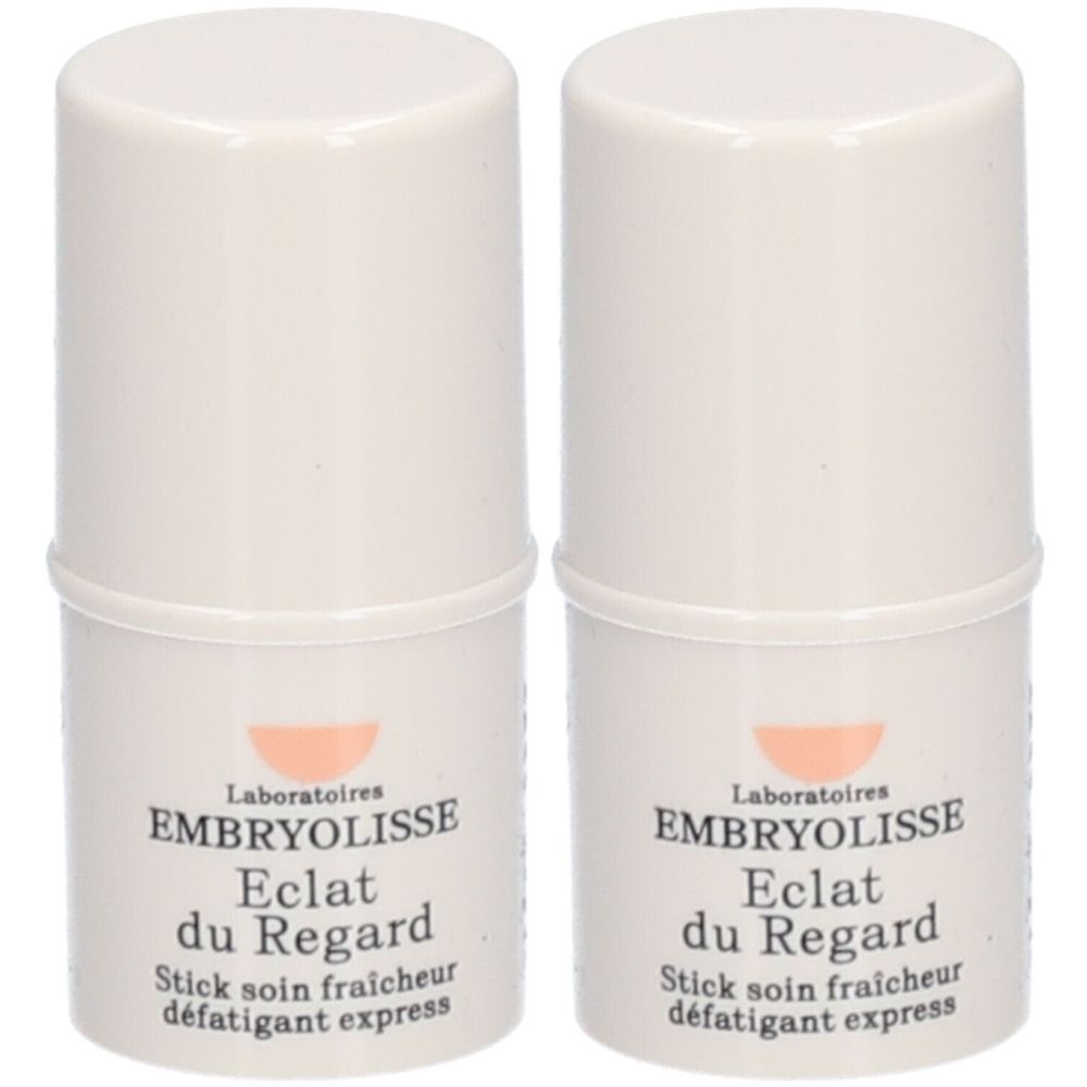 Deux sticks crème. Inscription: EMBRYOLISSE, Eclat du Regard, Stick soin fraîcheur défatigant express.