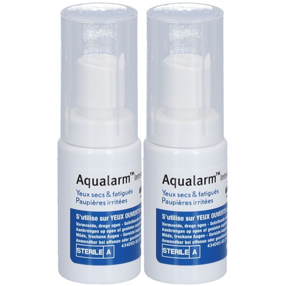 Deux flacons de spray blancs avec des capuchons transparents. Le texte "Aqualarm" et d'autres informations sont visibles en plusieurs langues.