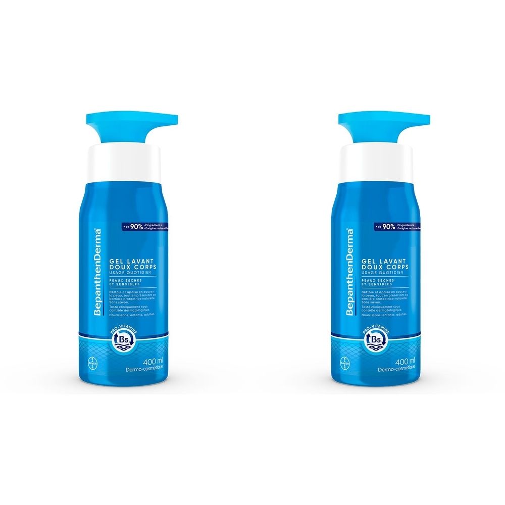 Deux flacons bleus avec pompe bleue. Inscription: BepanthenDerma, Gel Lavant Doux Corps.