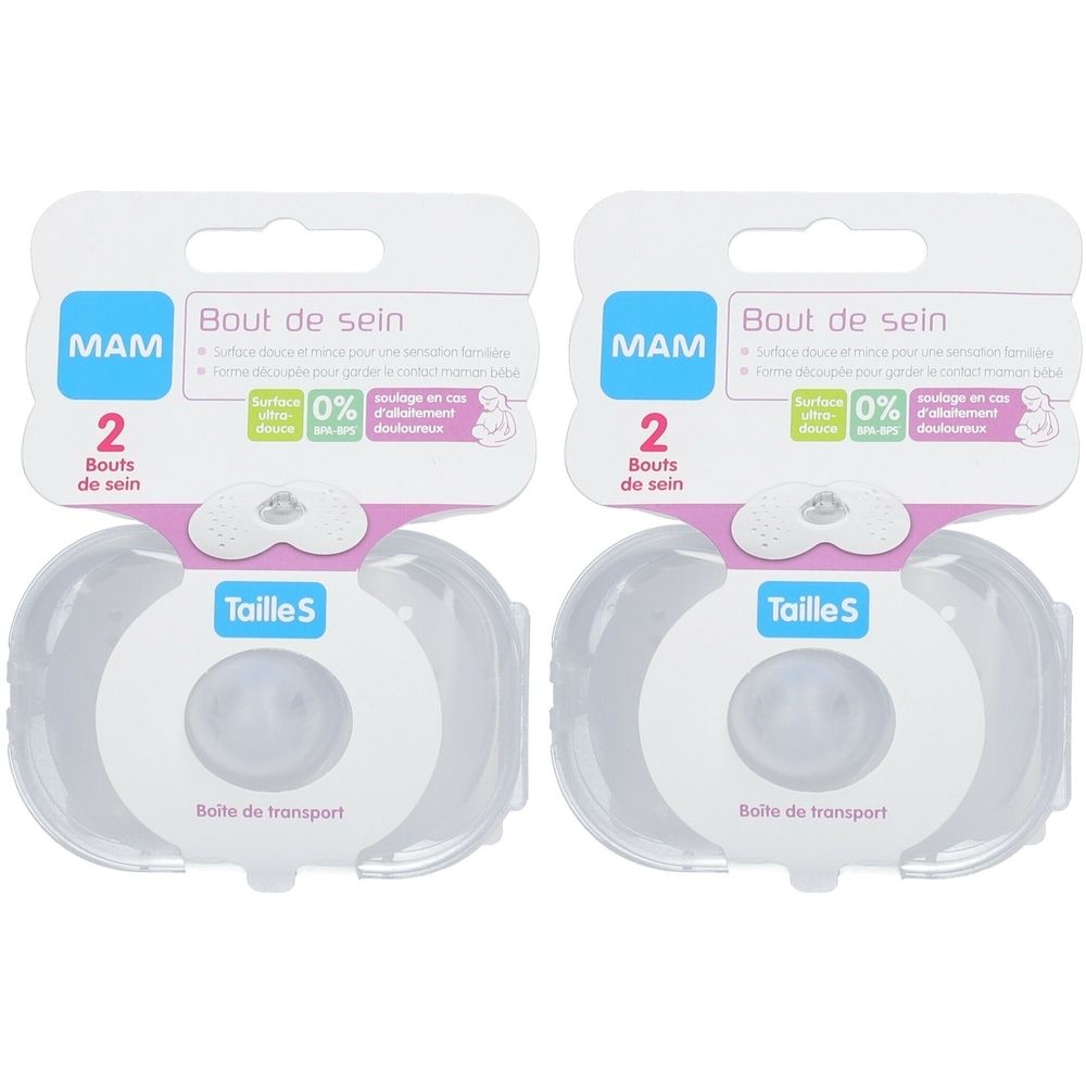 Deux protège-mamelons MAM en boîtes de transport. Emballage avec nom du produit, taille S et marque. 2 pièces.
