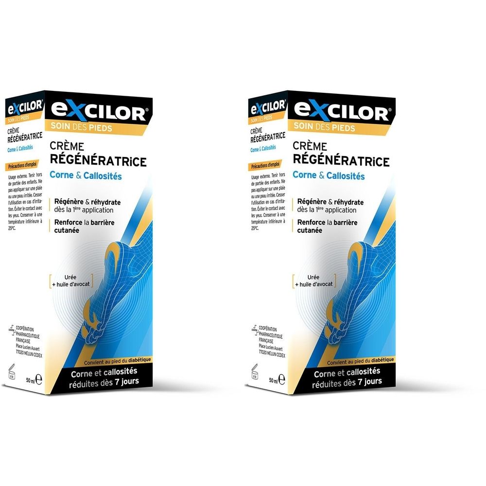 Deux boîtes Excilor Crème Régénératrice. Texte: Corne & Callosités. Inscription en bleu et jaune. Contenu: 50 ml.