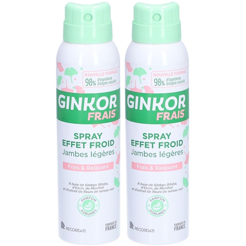 Deux sprays Ginkor Frais, effet froid, pour jambes légères. Flacons blancs avec bouchons verts. Inscription en français. Fabriqué en France.
