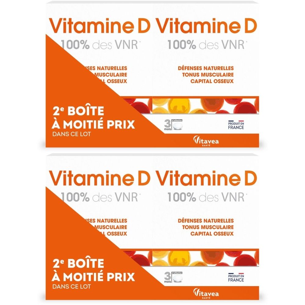 Deux boîtes de Vitamine D VITAVEA. Emballage blanc avec accents orange et informations produit. Fabriqué en France.