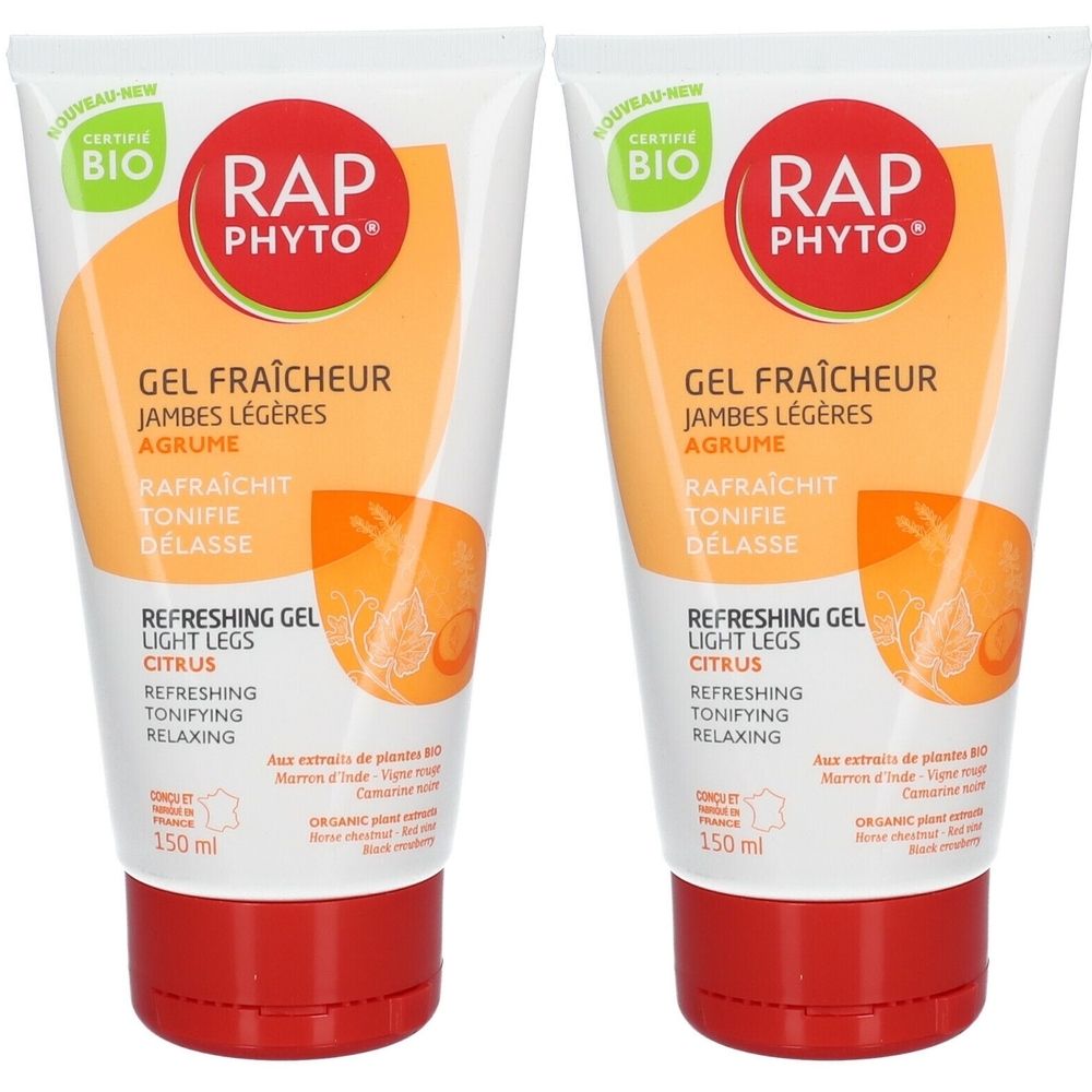 Deux tubes de gel. Blancs, bouchons rouges. Inscription: RAP PHYTO, GEL FRAÎCHEUR JAMBES LÉGÈRES, certification BIO.