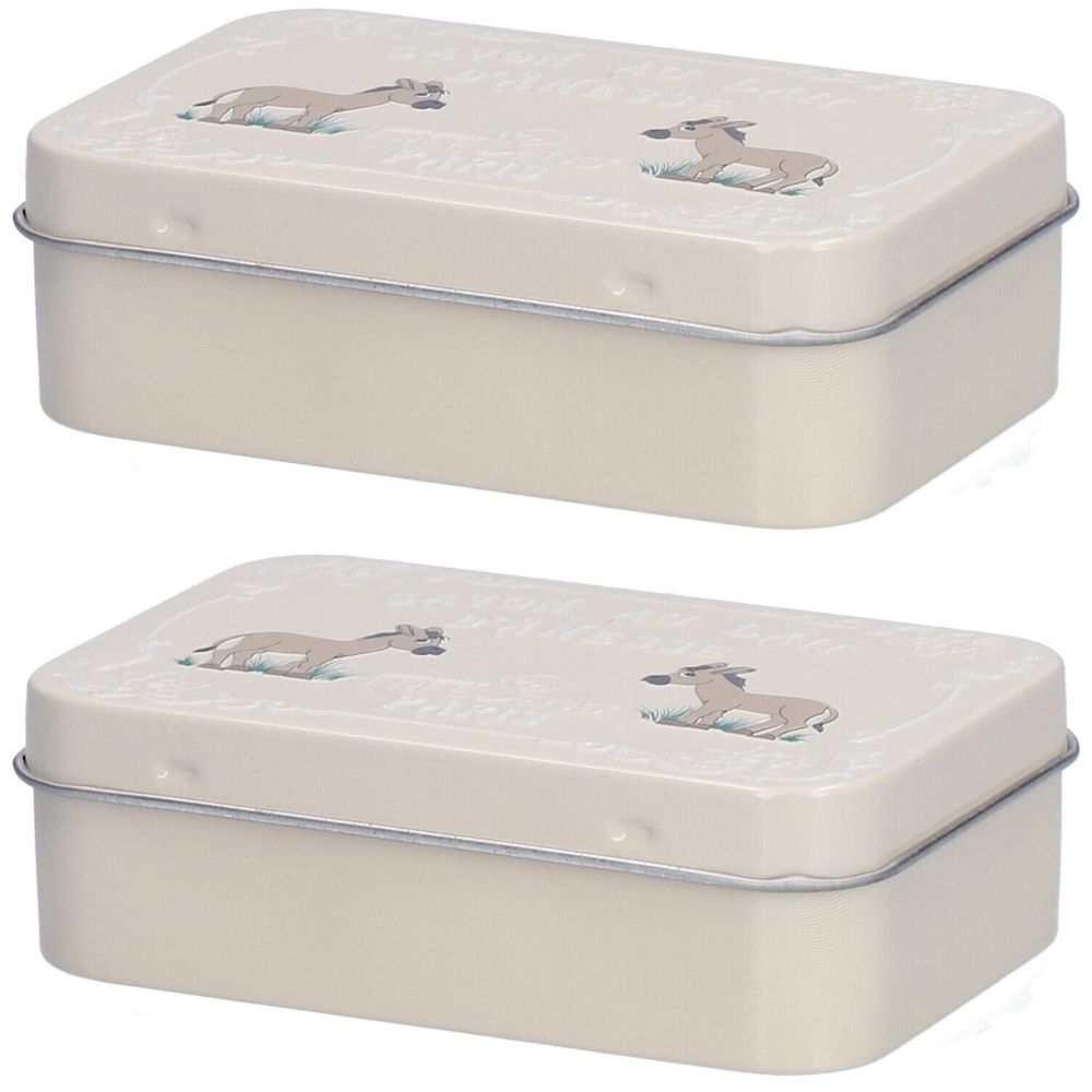 Deux boîtes métalliques rectangulaires crème. Un motif d'âne est imprimé sur le couvercle.