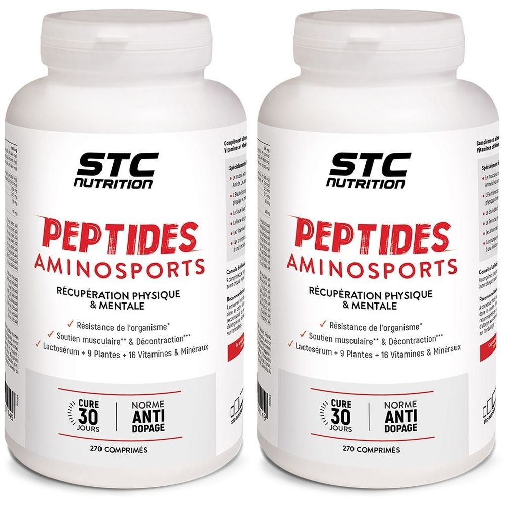 Deux flacons blancs de STC Nutrition Peptides Aminosports. Inscription rouge: Récupération Physique & Mentale. 270 comprimés.