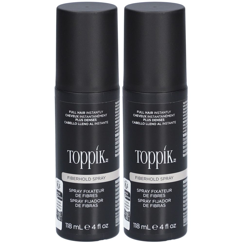 Deux flacons de spray noirs "Toppik Fiberhold Spray". Texte en anglais, français et espagnol. Contenance 118 ml.