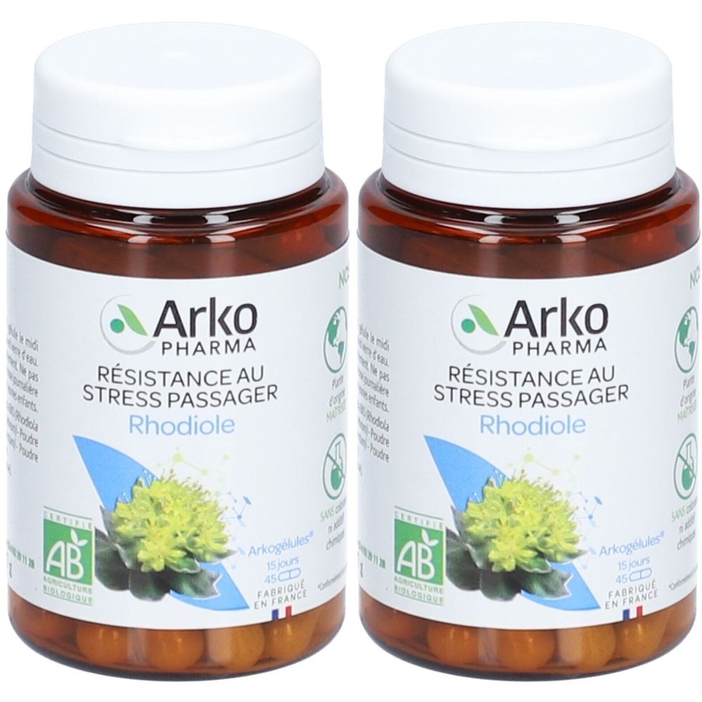 Deux flacons bruns avec des couvercles blancs. Étiquettes : "Arko Pharma", "RÉSISTANCE AU STRESS PASSAGER Rhodiole".