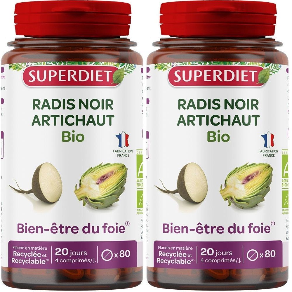 Deux flacons de SUPERDIET Radis Noir Artichaut Bio. Inscription: Bien-être du foie. Fabrication française. 80 comprimés.