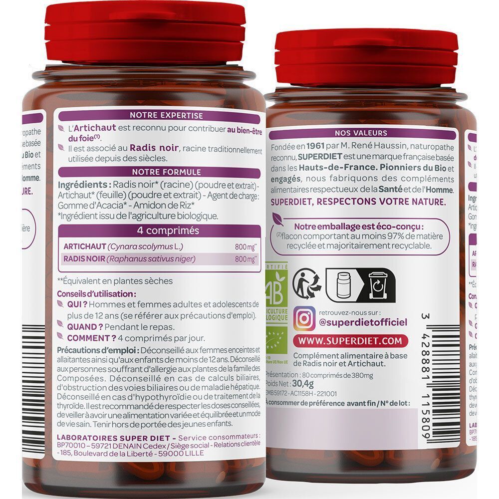 Arrière du flacon SUPERDIET Radis Noir Artichaut Bio avec ingrédients et conseils d'utilisation.
