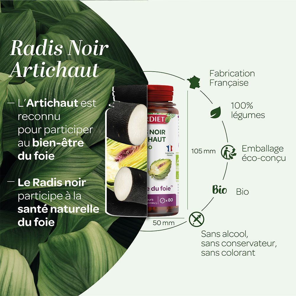 Flacon SUPERDIET Radis Noir Artichaut Bio, fabrication française, 100% légumes, 105mm de haut.