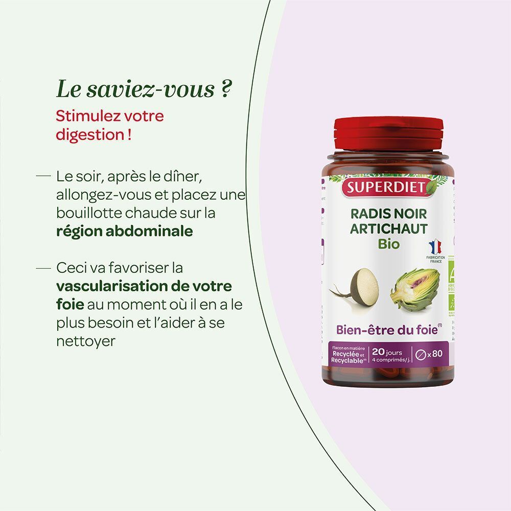 Flacon SUPERDIET Radis Noir Artichaut Bio. Favorise la digestion et la santé du foie.