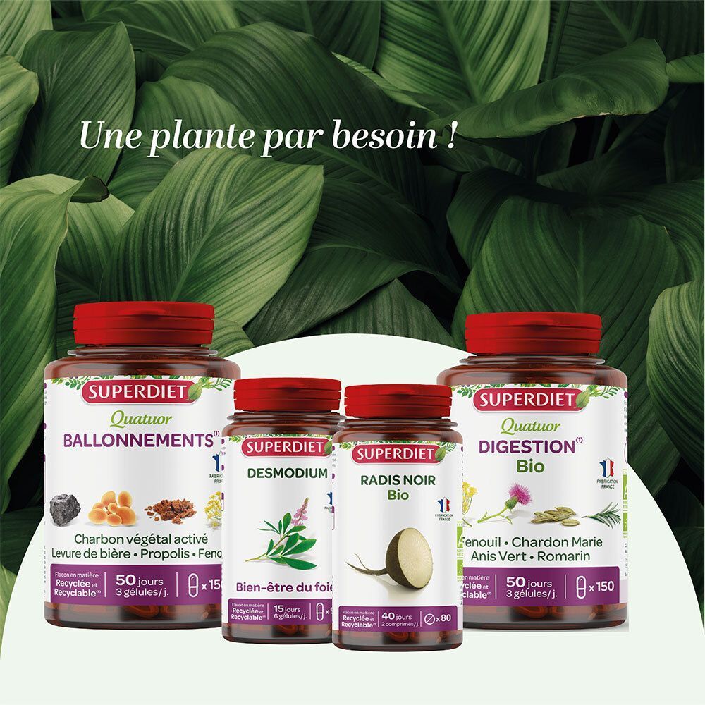 Quatre flacons SUPERDIET compléments alimentaires : Digestion, Radis Noir, Desmodium, Ballonnements.
