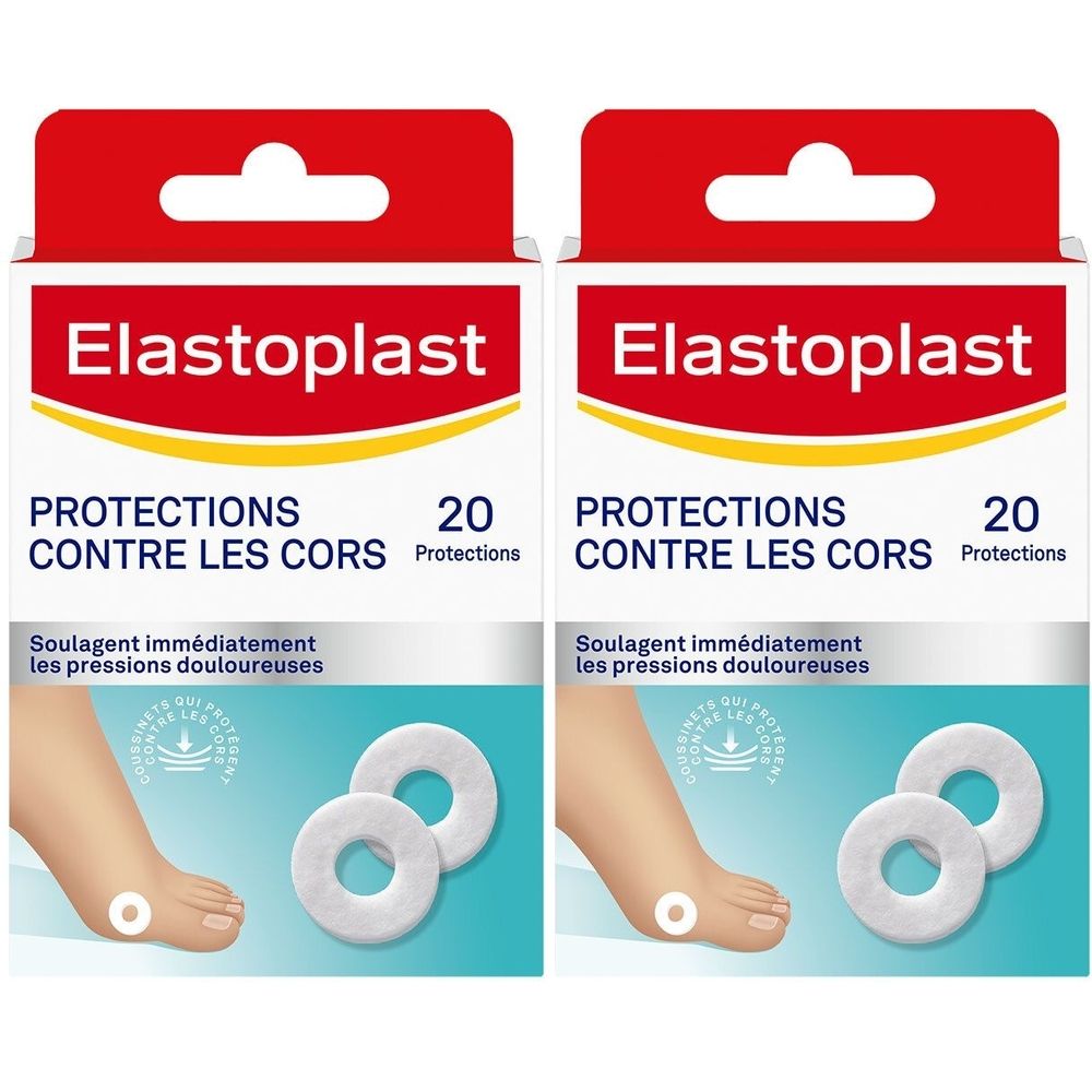 Deux boîtes de protections Elastoplast contre les cors. Chaque boîte contient 20 protections. Inscription : Protections contre les cors.