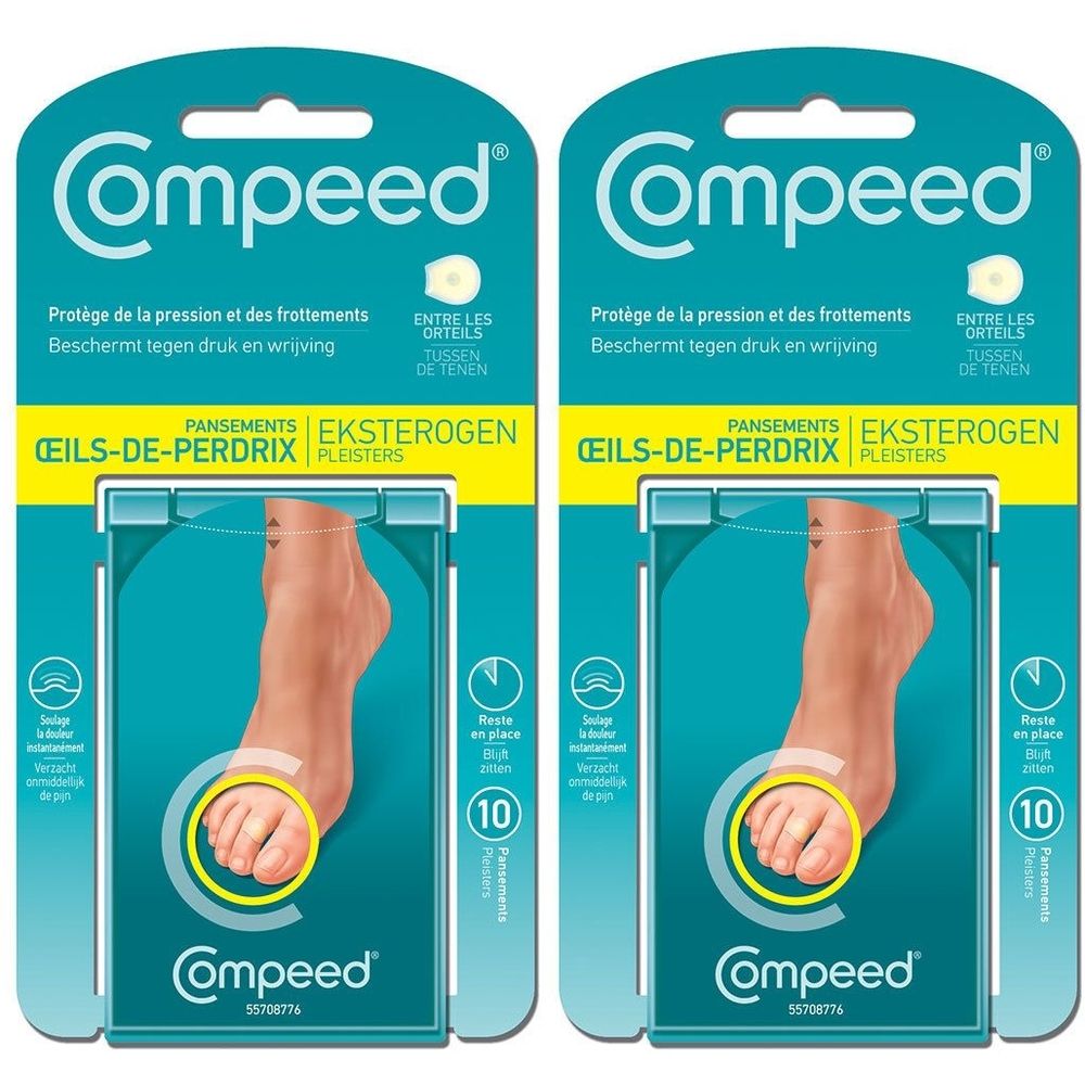 Deux emballages de pansements COMPEED pour cors. Chaque emballage montre un pied avec un pansement. Texte : COMPEED, ŒILS-DE-PERDRIX, EKSTEROGEN.