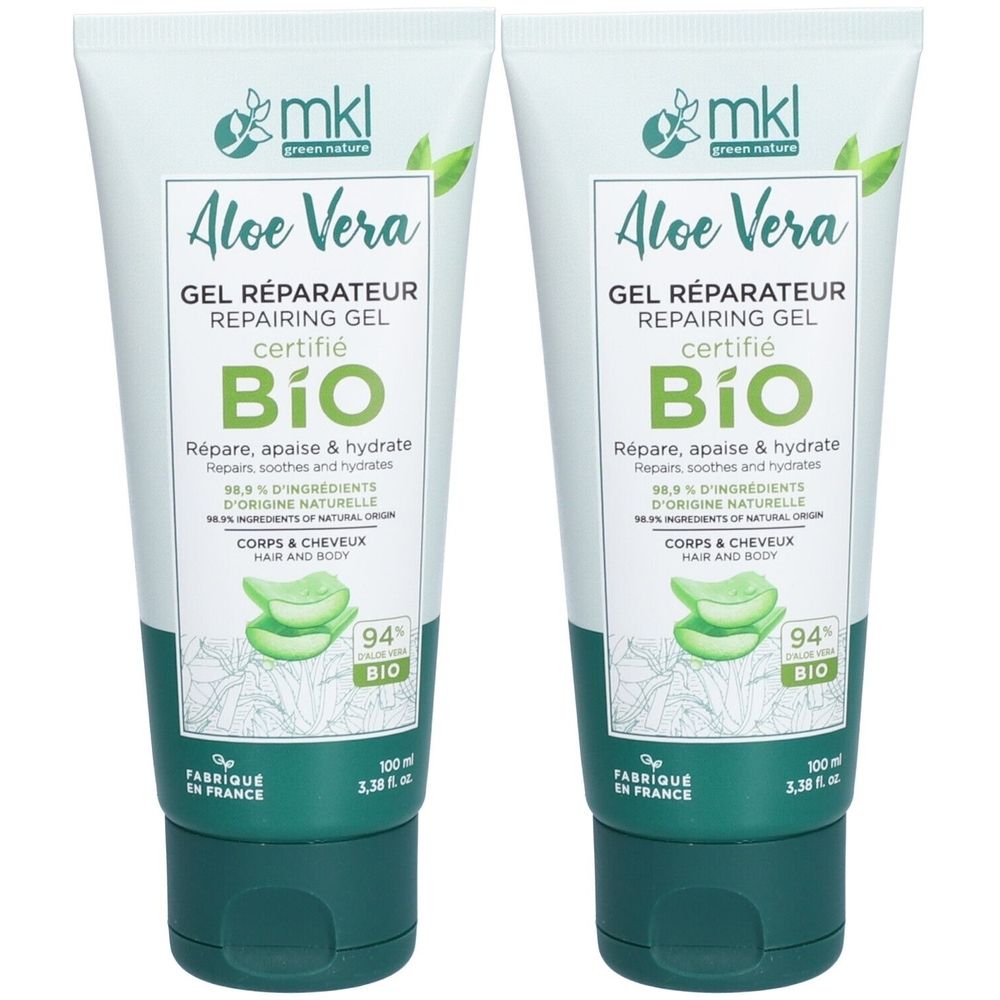 Deux tubes de gel réparateur à l'Aloe Vera. Tubes blancs avec texte et logo verts. Texte : Bio, 94% naturel, pour corps et cheveux.