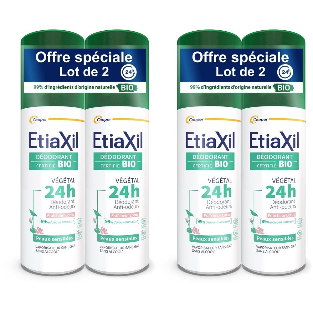 Plusieurs sprays déodorants blancs avec accents verts et bleus. Inscription : Etiaxil, 24h, végétal, certification Bio. Lot de 2.