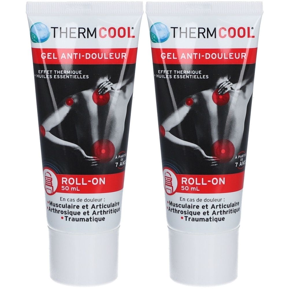 Deux tubes de gel THERM COOL Anti-Douleur Roll-on. Inscription noire et rouge sur fond blanc. Contient 50 ml. À partir de 7 ans.