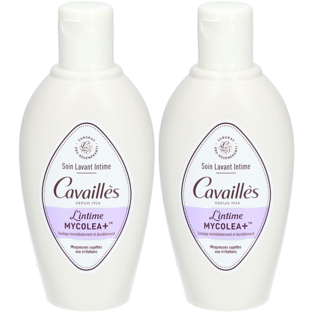 Deux flacons blancs avec bouchons blancs. Sur chaque flacon, "Cavaillès Lintime MYCOLEA+" est écrit.
