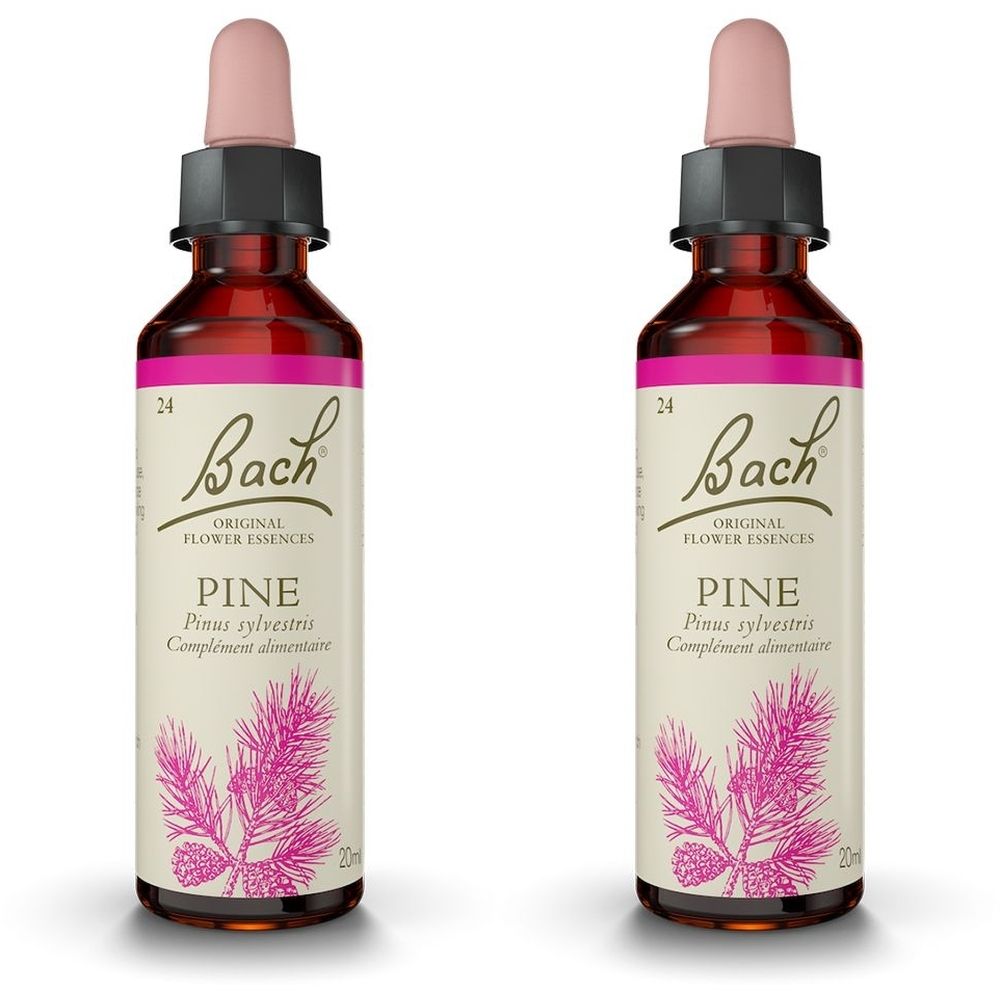 Deux flacons en verre brun avec pipettes roses. Les étiquettes indiquent "Bach Original Flower Essences Pine".