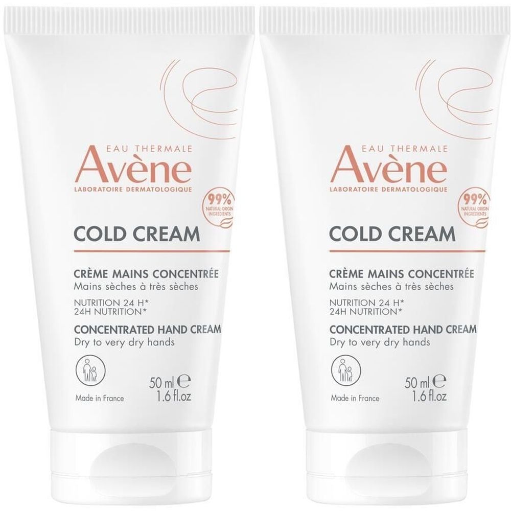 Deux tubes de crème pour les mains. Inscription : Avène, Cold Cream, Crème Mains Concentrée. 50 ml.