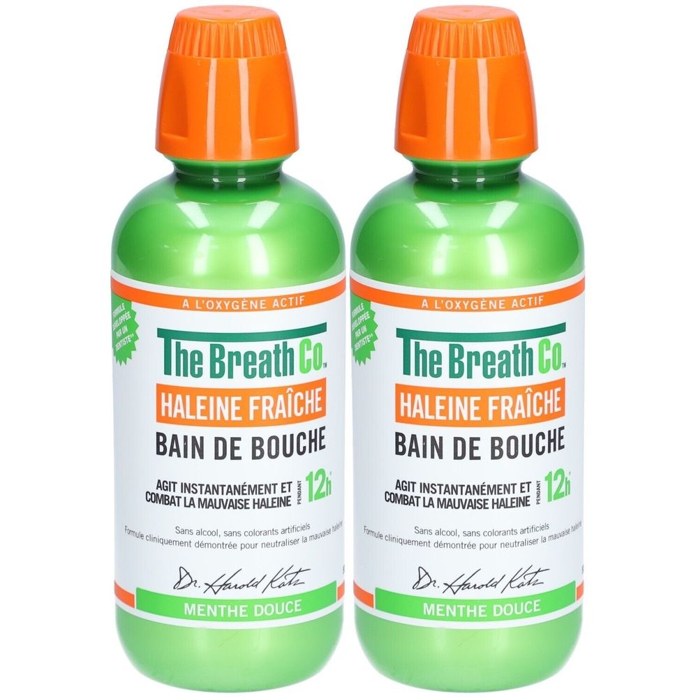 Deux flacons de bain de bouche verts avec bouchons orange. Inscription: The Breath Co. HALEINE FRAÎCHE, BAIN DE BOUCHE.