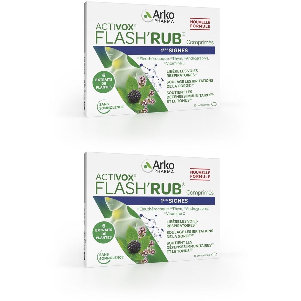 Boîte de comprimés ACTIVOX FLASH'RUB. Contient 6 extraits de plantes. Nouvelle formule.
