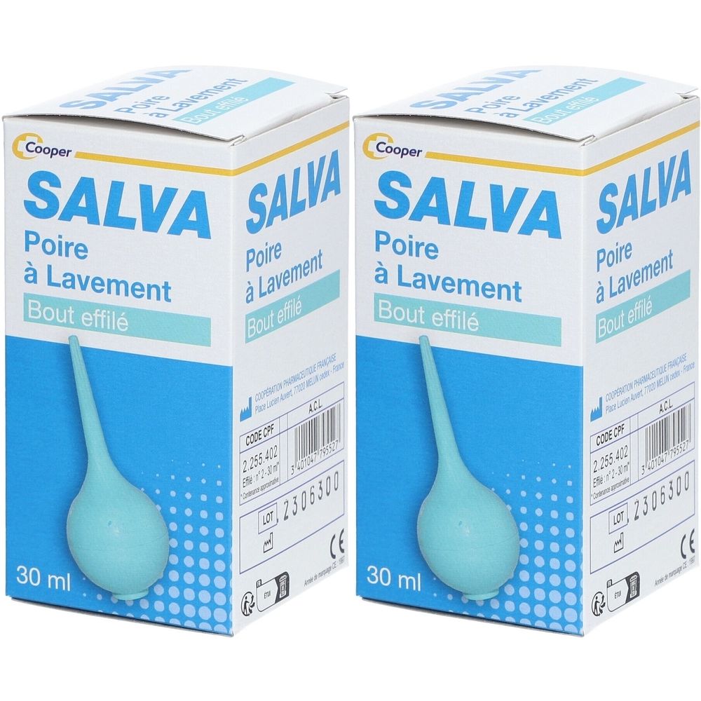 Deux boîtes de Salva Poire à Lavement, forme de poire bleue, 30 ml. Inscription: Cooper, Bout effilé.