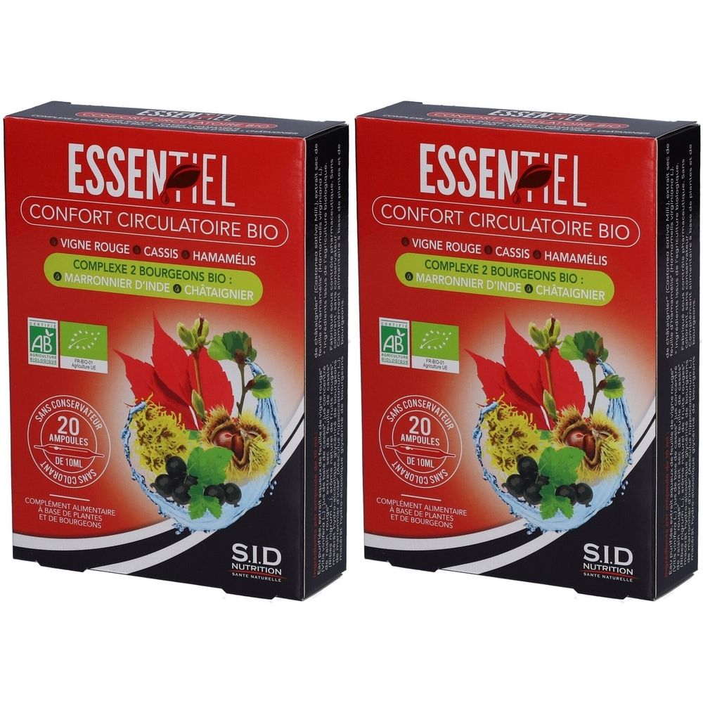 Deux boîtes rouges avec informations produit. Inscription: ESSENTIEL, CONFORT CIRCULATOIRE BIO. Contient 20 ampoules. SID Nutrition.