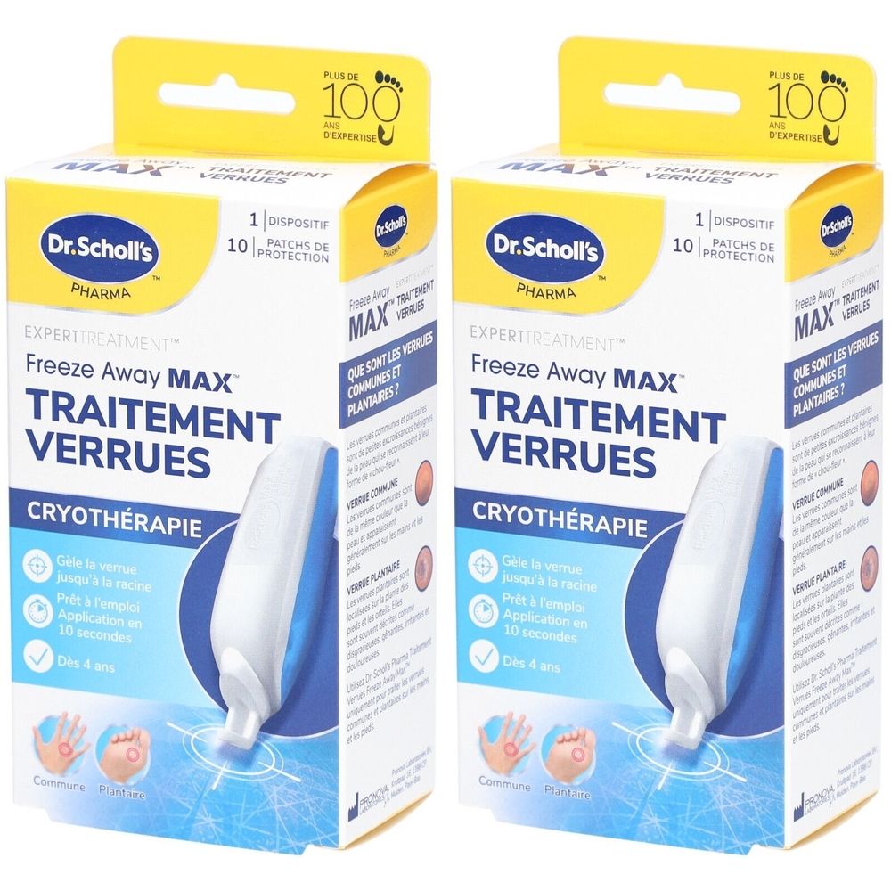 Deux boîtes de "Freeze Away MAX Traitement Verrue" de Dr. Scholl's. Inscription : Cryothérapie.