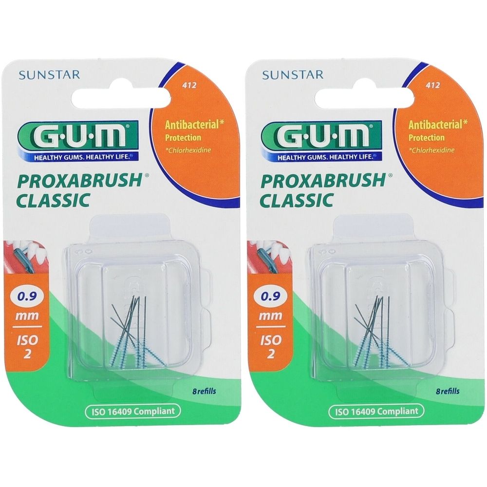 Deux paquets de GUM PROXABRUSH CLASSIC. Inscription : 0,9 mm, ISO 2. Protection antibactérienne. Conforme à la norme ISO 16409.