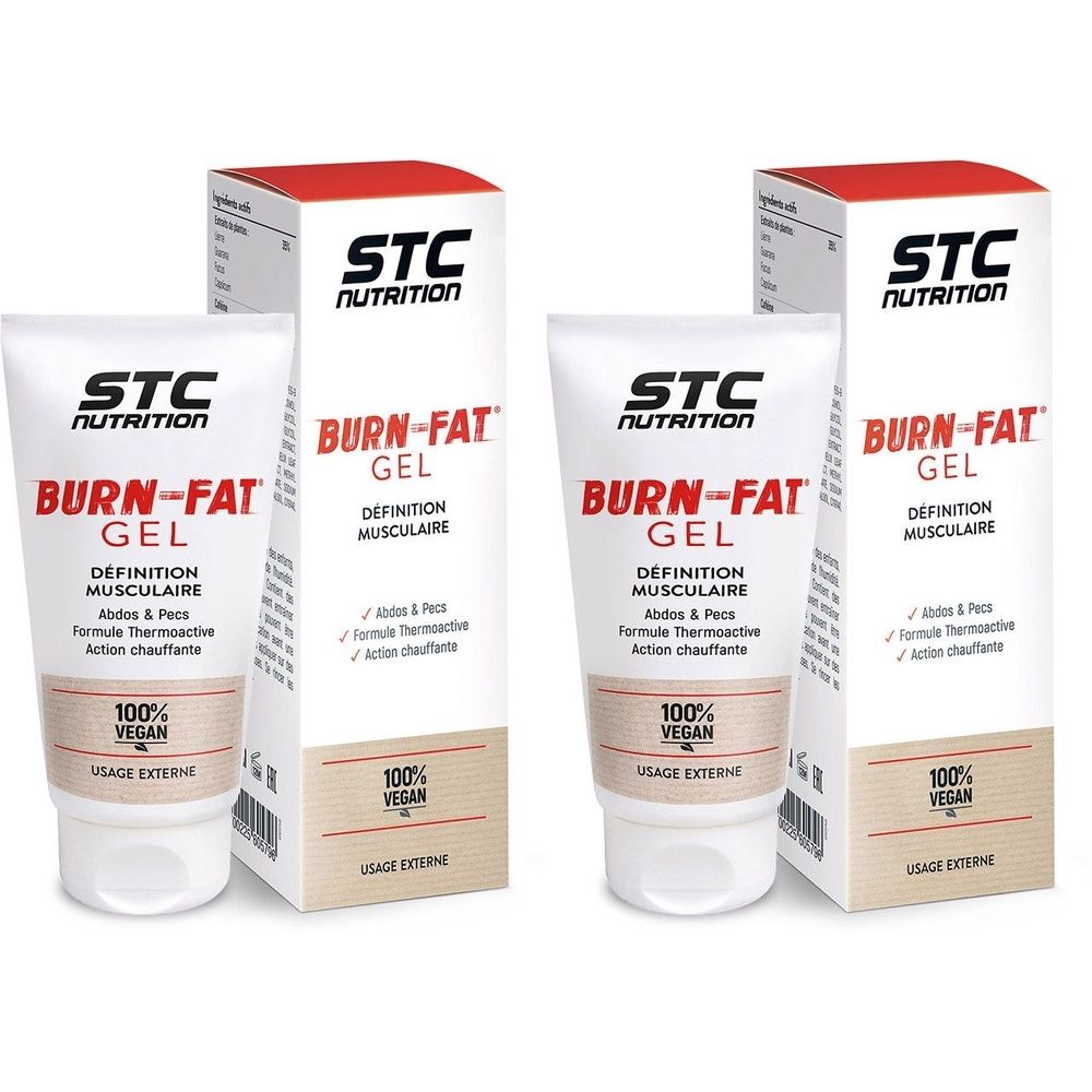 Deux tubes et deux boîtes de GEL BURN-FAT STC Nutrition. Inscription: Définition musculaire, 100% vegan, Usage externe.