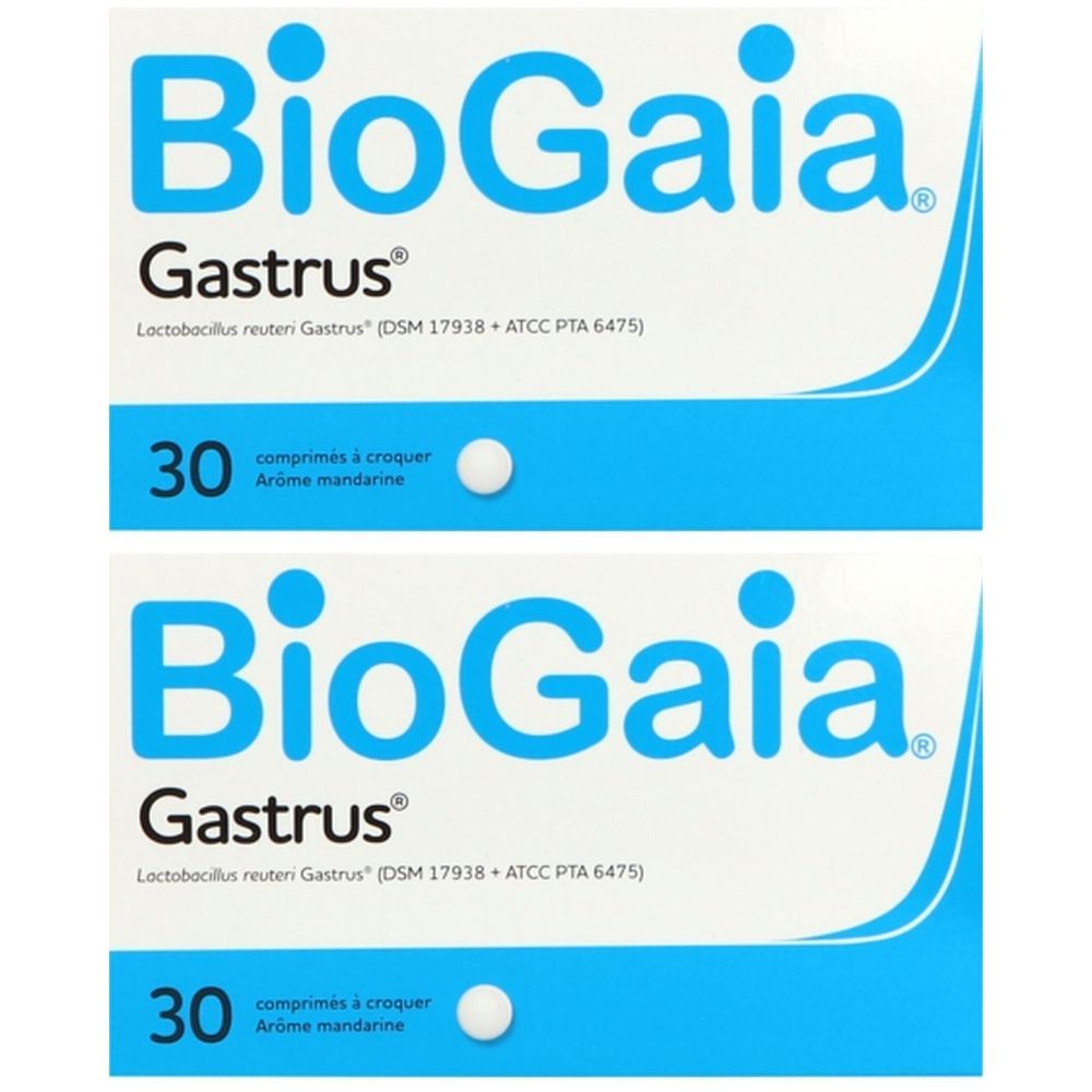 Deux boîtes de BioGaia Gastrus. Inscription : 30 comprimés, arôme mandarine. Contient Lactobacillus reuteri Gastrus.