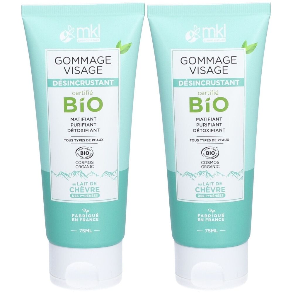 Deux tubes de gommage visage certifié bio. Design turquoise et blanc, texte: Gommage Visage, Bio, Lait de Chèvre. 75ml.