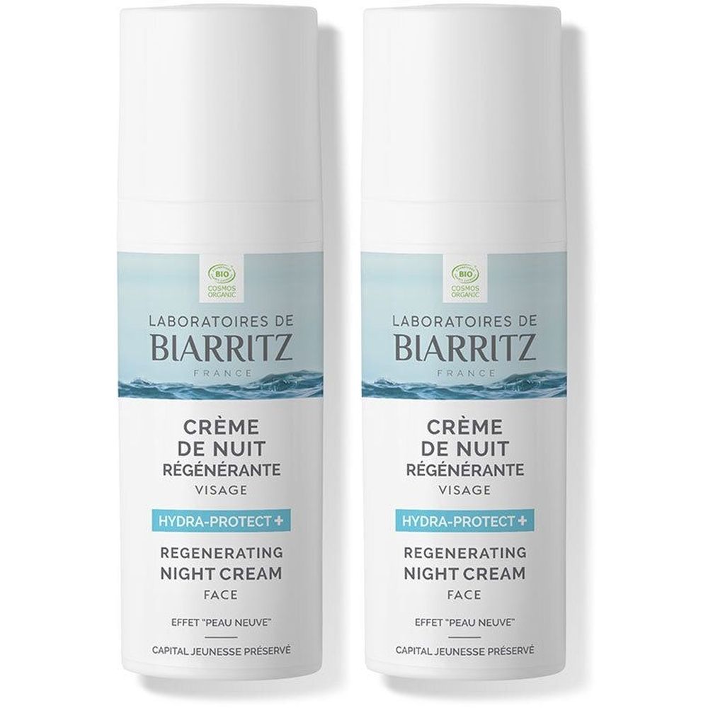 Deux flacons blancs avec étiquettes bleu et blanc. Inscription: LABORATOIRES DE BIARRITZ, Crème de Nuit Régénérante, Hydra-Protect+.