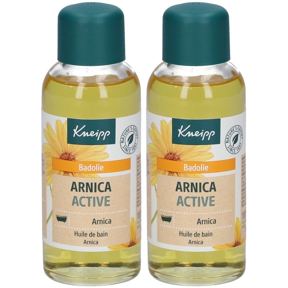 Deux flacons de liquide jaune. Étiquettes avec logo Kneipp, texte Arnica Active et Badolie. Bouchons verts.