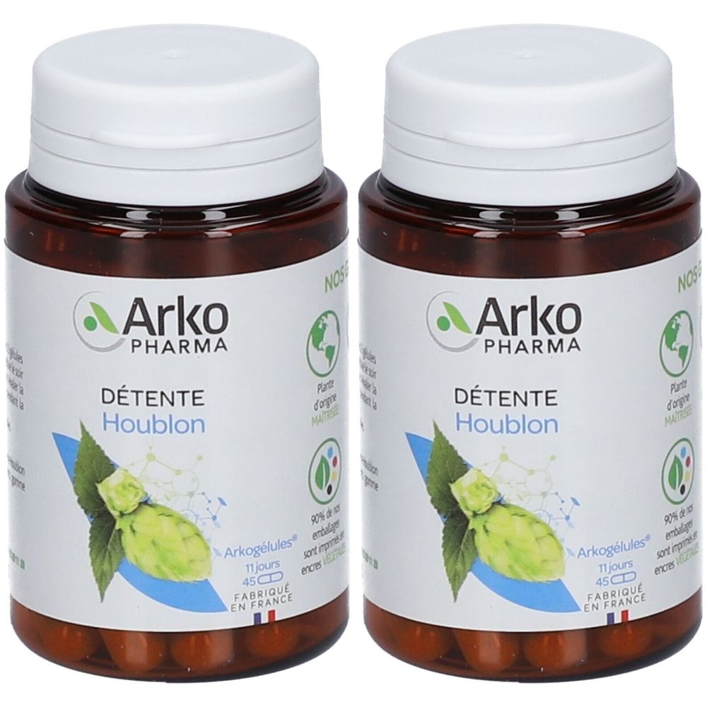 Deux flacons bruns avec des couvercles blancs. Étiquettes : "Arko Pharma DÉTENTE Houblon".