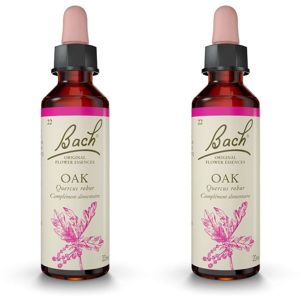 Deux flacons avec bouchon rose. Inscription: Bach Original Flower Essences Oak. Illustration florale.