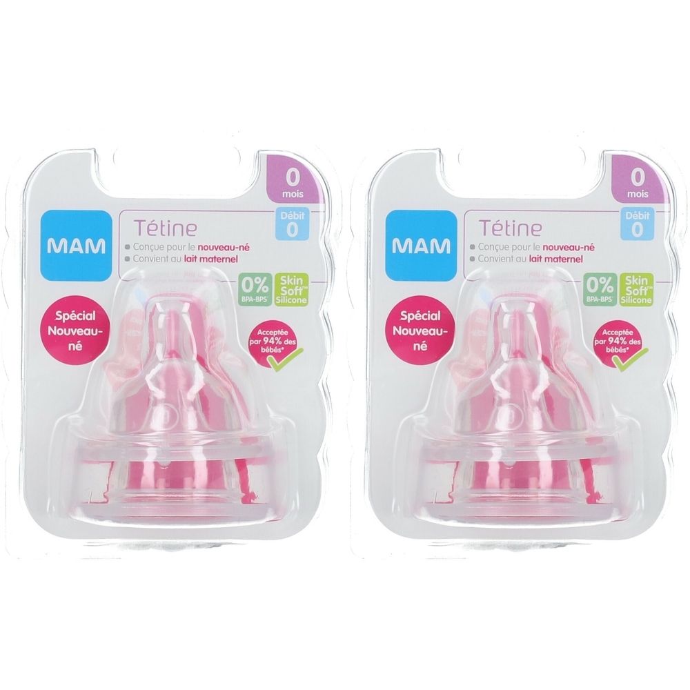 Deux tétines en silicone rose, emballées. Marque MAM. Pour nouveau-né. 0% BPA.