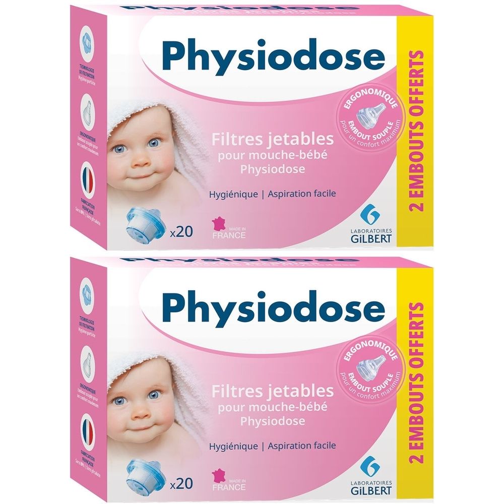 Deux boîtes roses et blanches. Inscription: Physiodose, filtres jetables pour bébé, x20, 2 embouts offerts. Logo Gilbert.