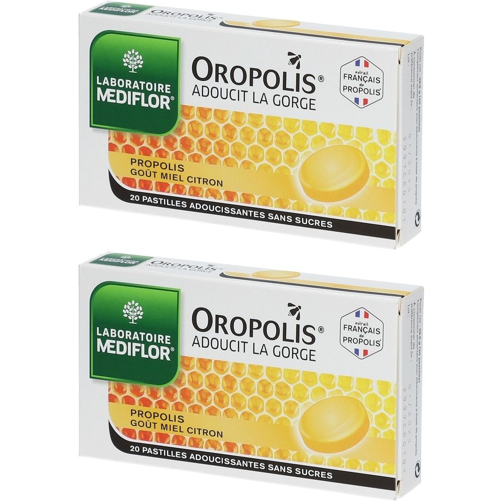 Deux boîtes de pastilles pour la gorge Oropolis. Inscription : "Adoucit la gorge". Propolis française. Goût miel citron. 20 pastilles sans sucres.