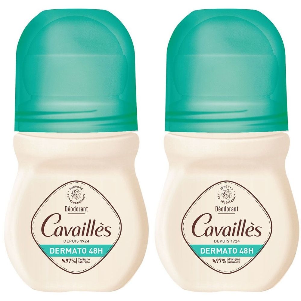 Deux déodorants roll-on avec bouchons verts. Sur les flacons crème, on lit "Cavaillès DERMATO 48H".