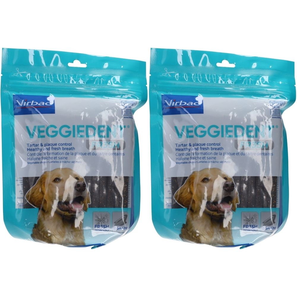 Deux paquets de VEGGIEDENT. Inscription : Tartar & Plaque Control, Healthy & Fresh Breath. Image d'un chien.